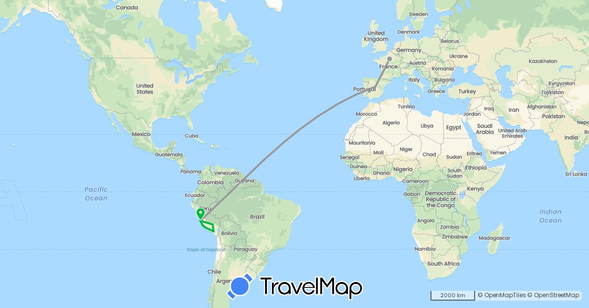 TravelMap itinerary: driving, bus, plane in Spain, France, Peru (Europe, South America)